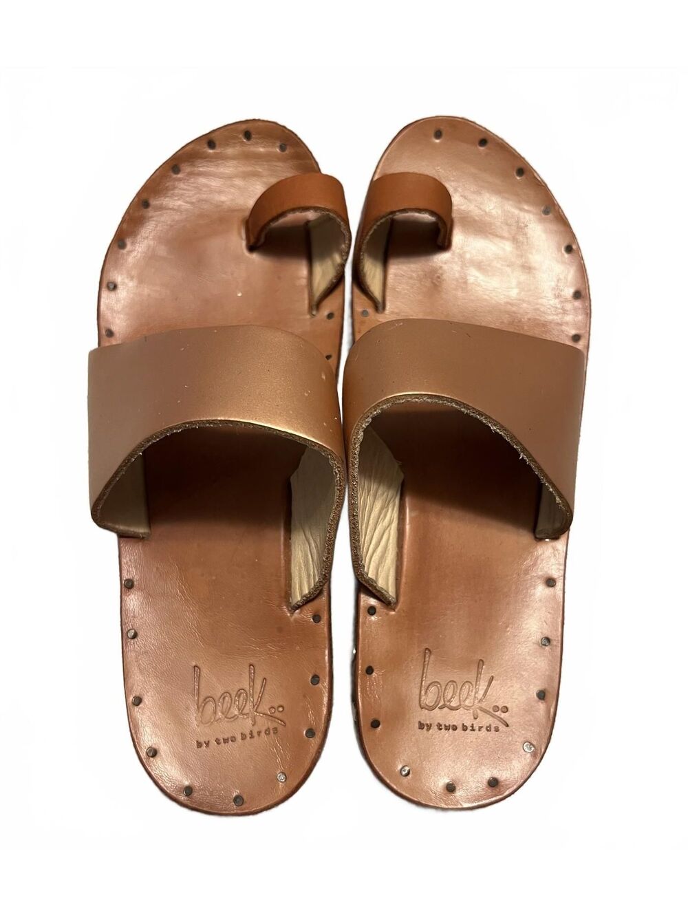 Beek Finch Leather Toe Ring Slide Sandals Size 6 Boho Rose Gold Tan Boho Coastal
